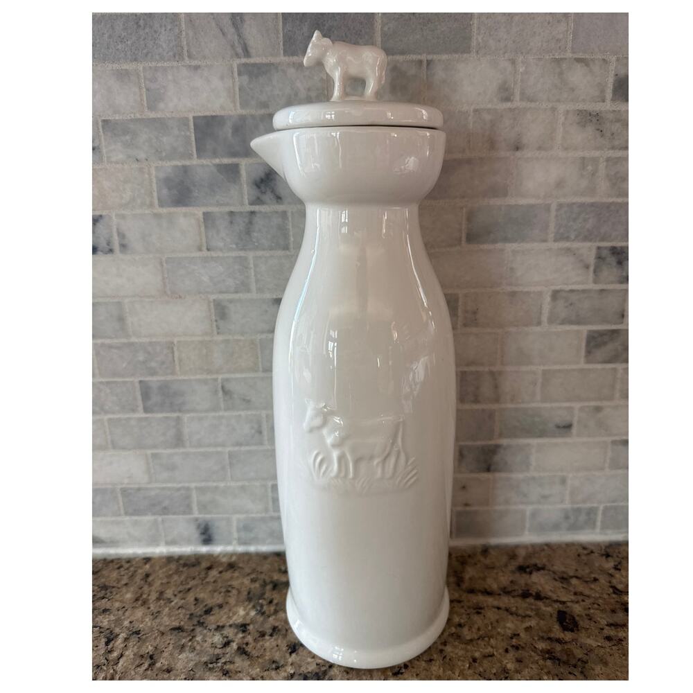 Vintage Pier 1 Imports Cow Ceramic Canister Pitcher Lid Farmhouse 2000s